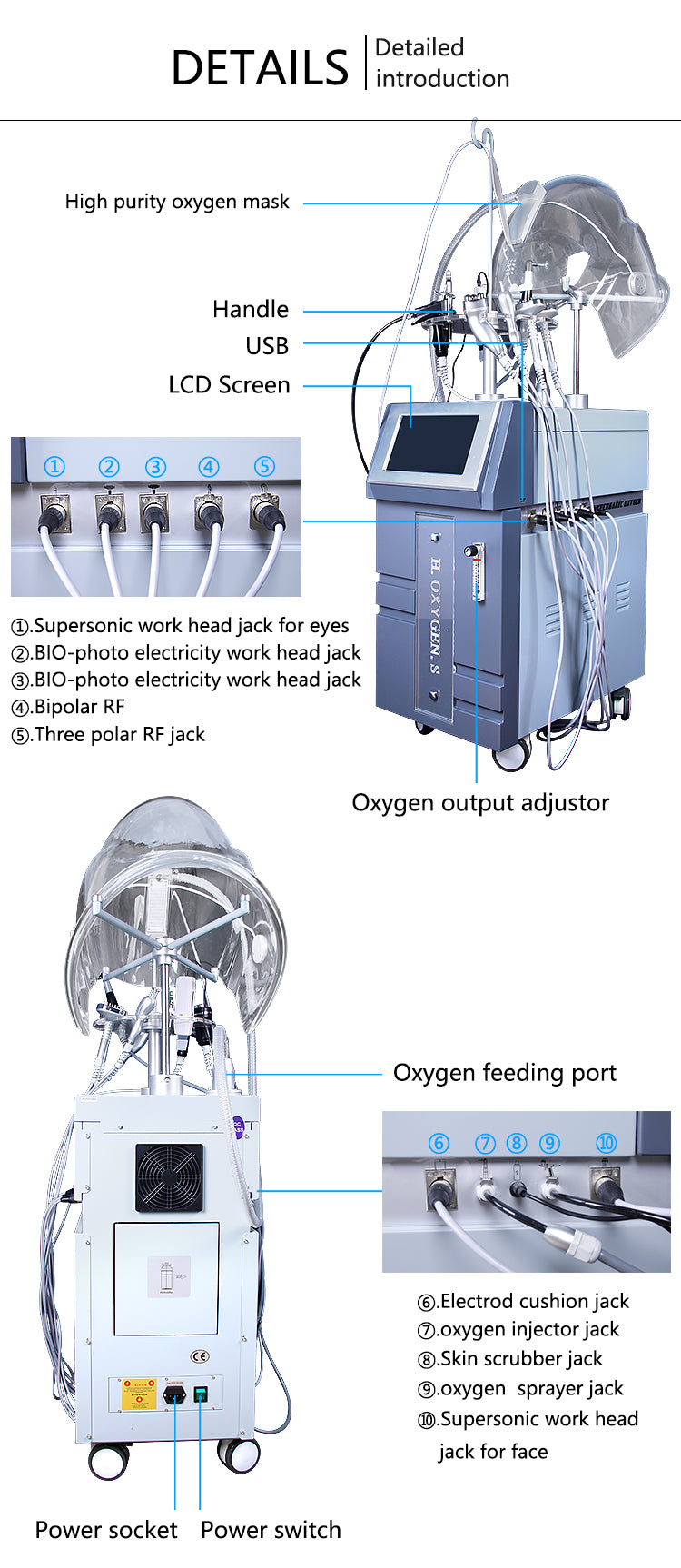 10 in 1 Hydro Oxygen Deep Clean Oxygen Jet Ultrasound RF Skin Oxygen Facial Machine